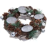 Mendler Adventskranz HWC-M15, Adventsgesteck Tischkranz Weihnachtsdeko Tischdeko, Holz MVG silber Ø 32cm - ohne Kerzen