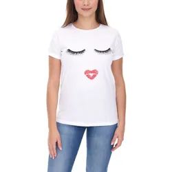 COURSE Damen T-Shirt mit Kussmund-Aufdruck Sommer-Shirt Baumwoll-Oberteil Freizeit-Shirt 900069 Weiß - S
