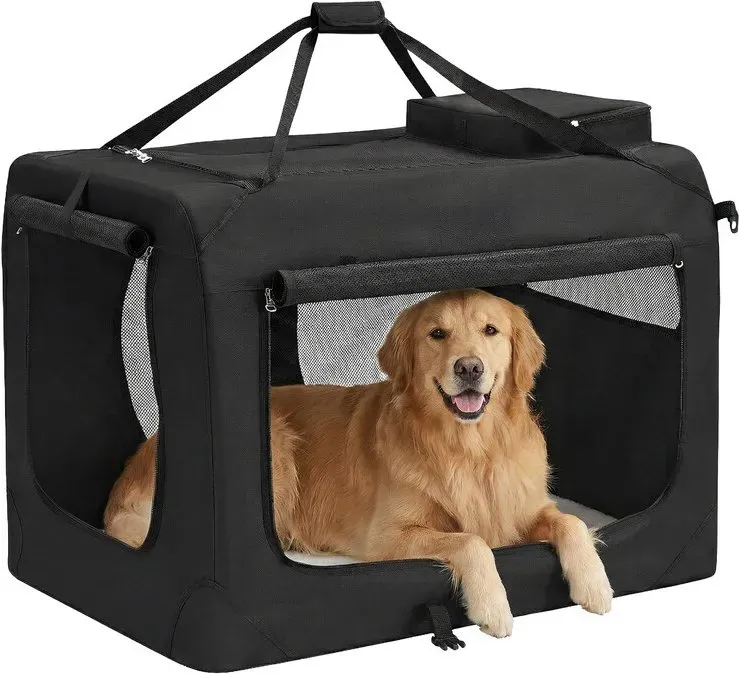 faltbare Haustier-Transporttasche, tragbarer Katzen- und Hundetransporter, mit weichen Seitenwänden und atmungsaktivem Netzstoff, mit Tragegriffen, Aufbewahrungstaschen, 122 x 79 x 79 cm, Schwarz