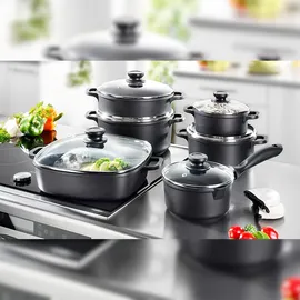 Karcher Aluguss-Topf-Set 6-tlg. schwarz 3 x Kochtopf + Stielkasserolle + Schmorpfanne + Rechteckpfanne