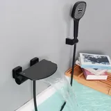 SHANFO Badewannenarmatur mit Handbrause, Wannenarmatur Wasserfall, Armatur Badewanne Set, Mischbatterie Badewanne mit Brause Messing, Schwarz, 16Y3OK