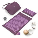 MyBeo Akupressurmatte mit Naturfasern, Akupressur Set mit Kissen + Massageball, Entspannung und Massage, Akupunkturmatte, ideal bei Verspannungen von Rücken Nacken Füße, Violett