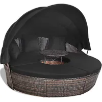 COSTWAY Sonneninsel mit einziehbarem Dach, outdoor, Gatrenlounge Rattan, Kissen, rund schwarz