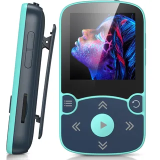 AGPTEK MP3 Player Bluetooth 5.3 Sport 32GB mit 1,5 Zoll TFT Farbbildschirm, Mini Musik Player mit Clip, unterstützt bis 128GB SD Karte, mit unabhängiger Lautstärketaste, FM Radio, Schrittzähler, Blau