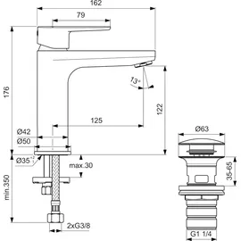 Ideal Standard Waschtischarmatur Push-Open Ausladung 125 mm Silver