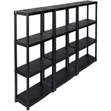 Kreher 3 Stück Kunststoffregal, Kellerregal, Lagerregal. 4 Böden, Schwarz, max. 100 kg pro Regal. 61 x 30.5 x 130 H cm pro Regal. TÜV Rheinland