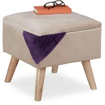 Relaxdays Samthocker mit Stauraum, gepolstert, eckig, mit Holzbeinen, Wohnzimmer Sitzhocker, HBT: 40x40x40 cm, Creme