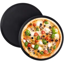 Relaxdays Pizzablech, 2er Set, rund, antihaftbeschichtet, Pizza & Flammkuchen, Carbonstahl, Pizzaform, ca. 1 cm grau,