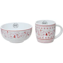 2x Frühstücksgeschirr Keramik 15x15cm - Schüssel & Tasse Set mit Weihnachtsmotiv Weihnachtsgeschirr Geschirr für Weihnachten Schale Becher Weiß Rot