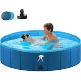 Fwiull Hundepool für Große & Kleine Hunde, Faltbarer Hunde Planschbecken 160 * 30CM Hundebadewanne Stabiler Swimmingpool Haustier Kind Schwimmbecken rutschfest Tragbar Blau