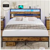 MSMASK Metallbett Bettgestell mit Steckdose und USB-Ladefunktion (Ohne Matratze), Jugendbett, 140x190 cm braun 140 cm x 204 cm x 96 cm
