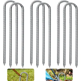DN DENNOV 6× Bodenanker,30cm Bodenpfähle,Verzinkter Stahl Bodenanker Trampolin,Bewehrungsstab Zeltheringe,Garten Pfähle,Camping Zelt Heringe Silber U