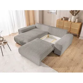 s-style möbel Mollis - Ecksofa mit Schlaffunktion und Bettkasten aus Hellgrau Plüschcord mit schöner Sitzkomfort