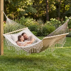 outtec Outtec® Hängematte mit 2 Kissen - 200x150 cm, bis 220kg - Boho Hammock für Outdoor, Garten, Balkon - für Kinder und Erwachsene - Beige