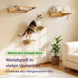 knupis Katzen Kletterwand Set mit Katzenbett & 2X Katzentreppe – Kiefernholz, Stabile Wandliege bis 30 kg – Für Spielspaß & Gemütlichkeit - Beige
