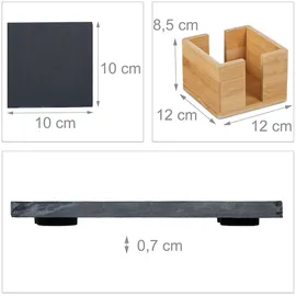 Relaxdays Schiefer Untersetzer 8er Set, mit Bambus Box, Getränkeuntersetzer, 10x10 cm, Schieferplatte Gläser, anthrazit