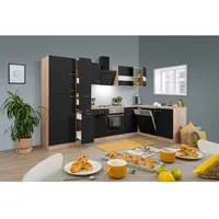 Respekta Winkelküche Economy Eiche Sonoma Sägerau Nachbildung L-Form E-Geräte 310 x 172 cm mit Edelstahlkochfeld schwarz