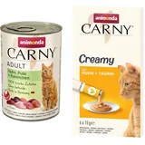 Paket animonda Carny Adult Katzenfutter, Huhn, Pute + Kaninchen, 6 x 400 g + Creamy - Premium Katzensnack für anspruchsvolle Feinschmecker - zarte Huhn und Taurin in Frischebeuteln - 6 x 15 g