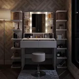 Vicco Schminktisch Taylor 80 x 146,5 cm Weiß modern LED Beleuchtung und Hocker Frisiertisch