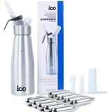 ICO Sahnespender aus Aluminium für Hausgemachte Schlagsahne, Sahnesyphon 500ml für Desserts, Saucen, Mousse und infundierte Öle, inklusiv 10 8g N2O Sahnekapseln