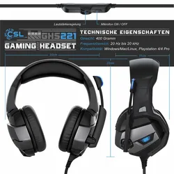 CSL Gaming Headset GHS-221 Mikrofon AUX geeignet für PC/ PS4/ PS4 Pro
