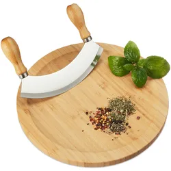 Relaxdays Wiegemesser mit Brett, Bambus & Edelstahl, einschneidiges Kräutermesser, Kräuterbrett Ø 25 cm, natur/silber