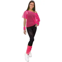 Oblique Unique® Netzshirt + Stulpen Set 2-teilig Neon Pink für Damen 80er Jahre 80s Achtziger Netztop Strümpfe für Karneval Fasching Kostüm Motto Party