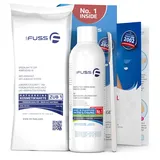 Mr. Fuss® No. 1 - Plus Pack Steel - Klein, Nagelhaut- Hornhautentferner Sparpaket 3 tlg. Aktiv-Lösung Schnell & Stark erweichend - 200 ml, Watte, Edelstahl-Schaber