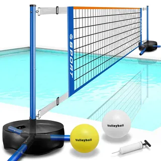 Furypiont Pool-Volleyballnetz – tragbares Volleyballnetz-System für drinnen und draußen, mit 2 Wasser-Volleybällen und robuster Basis. Verstellbare Länge 4,5–7,6 m für Pickleball-Netz und Tennisnetz