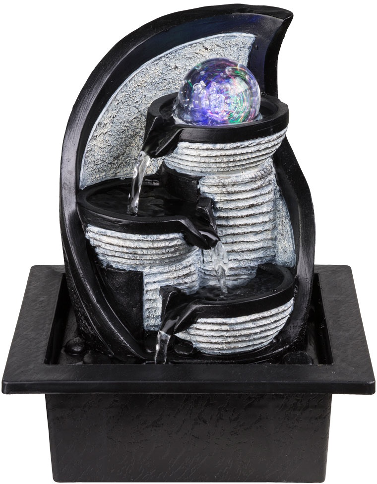 Tischbrunnen mit Beleuchtung Farbwechsel Wasserspiel Zimmerbrunnen, Kunststoff schwarz grau braun, 1x RGB LED bunt, LxBxH 21x17,5x25,5 cm