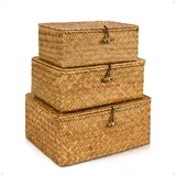 HUALIANG Rattan Aufbewahrung Korb mit Deckel,3 Pieces Natürliches Seegras Geflochtener Regalkörbe,Multifunktionaler Aufbewahrungsbox zum von Spielzeug Kosmetika badezimmer toilettenpapier aufbewahrung