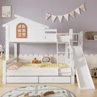 Merax Etagenbett 90x200/120x200cm mit Lattenrost und 2 Schubladen, Kinderbett mit Rutsche und Leiter, Hochbett Hausbett Holzbett Stockbett, Weiß - Weiß