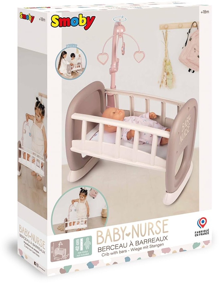 Smoby Toys - Baby Nurse Puppenwiege mit Mobile - Puppenbett mit Wippfunktion für Puppen bis 42 cm - Puppenzubehör für Kinder ab 18 Monaten