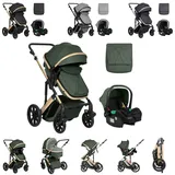 KIKKABOO Kinderwagen Darling 3 in 1 Sportsitz Tragetasche Autositz Wickeltasche dunkelgrün