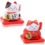 Flanacom Winkekatze - Winkende Japanische Glückskatze - Wackelfigur Glücksbringer Büro Schreibtisch - lustige Scherzartikel - Abschiedsgeschenk Kollege - Wichtel-Geschenk (Weiß & Rot Solar)