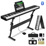 Vevor 88-Tasten-Klappklavier, Bluetooth und MIDI, tragbares elektronisches digitales Klappklavier mit Ständer, Sustain-Pedaltasche, berührungsempfindliche Tasten, wiederaufladbar für Anfänger, Jugendliche und Erwachsene, schwarz