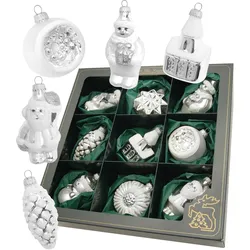 Krebs Glas Lauscha Silberfarbiges Formen- & Figuren-Sortiment 6-8cm, 9-teilig, Glasornamente, mundgeblasen, handbemalt