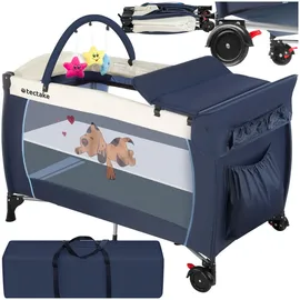 Tectake tectake® Kinder Reisebett, klappbar und höhenverstellbar, 2 Rollen mit Bremsen, inklusive Tragetasche, 132 x 75 x 104 cm