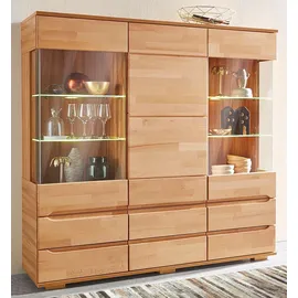 OTTO home Highboard OTTO HOME "Vetro,150cm breit,40 cm tief,Fronten Massivholz,9 Fächer", beige (kernbuche teilmassiv), B:150cm H:144,5cm T:40cm, Holz teilmassiv, Sideboards, Highboard, Kernbuche massiv, Holzwerkstoff, 3Türen,6 Schubladen, Griffmulden