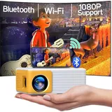 WiFi Bluetooth Projektor Full HD 1080P Unterstützt, Video Beamer Handy Kompatibel mit USB/HDMI/AV, Mini Projector für Handy iOS und Android/PC/PS... - Weiß