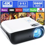 HOPVISION Beamer, Full HD 1080P Beamer, Bluetooth Beamer 4K Unterstützt, Tragbare Mini Beamer Heimkino, Home/Outdoor Projektor Kompatibel mit Smartphone/HDMI/USB/AV/Fire Stick/PS5