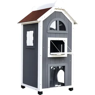 PawHut Katzenhaus für Draußen 2-stöckiges Katzenhaus aus Tannenholz, wetterfest Katzenhütte mit Asphaltdach, 59 x 55 x 109 cm