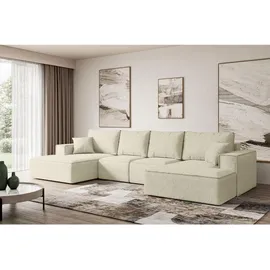 altdecor Wohnlandschaft, mit Schlaffunktion und Bettkasten - 349x161x87 cm Beige, Bouclé