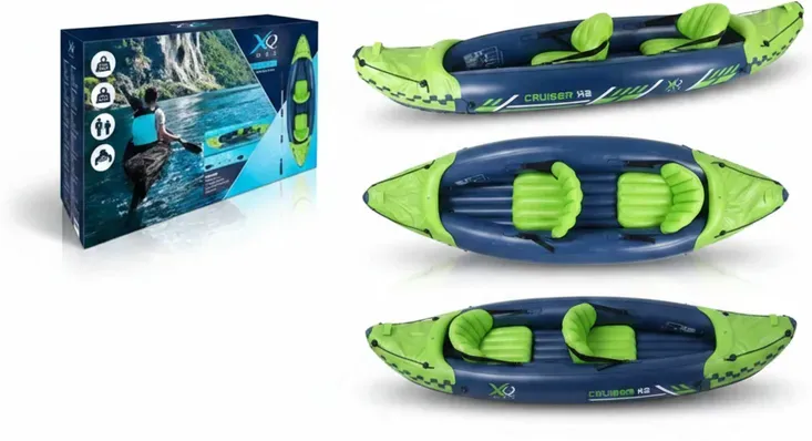 XQMAX Cruiser X2 Aufblasbares Kajak-Set für 2 Personen, 308 x 91 x 51 cm, Inklusive Sicherungsseil, Schnell-Auf-/Ablassventil, 2 Aufblasbare Sitzplätze, Aluminium-Kajakpaddel, Handluftpumpe