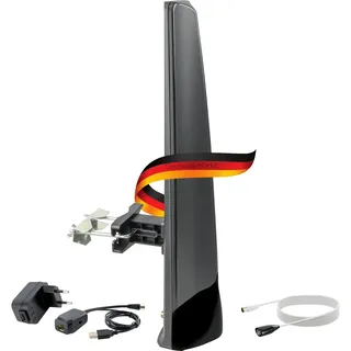 SCHWAIGER DVBT2 DAB Außenantenne aktiv mit Breitbandverstärker UHF VHF HD DVBT DAB+ Antenne TV Fernsehen Radio IPX4 wetterfest Anschlusskabel 8,5m 360° Ausrichtung mit Netzteil LTE-Sperrfilter