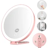 Mocado 30 Fach Vergrößerungsspiegel mit Licht, 15.7cm Reisespiegel mit 3 Saugnapf, Wiederaufladbar Spiegel mit Beleuchtung, 3 Farben Beleuchtung, Saugnapf & Stabiler Ständer- Roségold