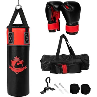 Costway Boxsack Set mit 8oz Boxhandschuhen & Handschlaufen & Tasche, Punchingsack für Kickboxen, MMA, Kampfsport, Muay Thai, Boxen (Schwarz)