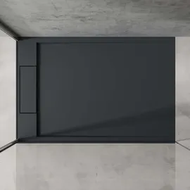 doporro Duschtasse Duschwanne 80x120x4 flach Mineralguss in Anthrazit inkl. Ablaufgarnitur AL06 DIN-Anschlüsse für bodenebene Montage geeignet Geoma04