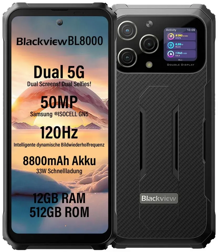 blackview BL8000 Smartphone (6.78 Zoll, 512 GB Speicherplatz, 50 MP Kamera, 5G MediaTek Dimensity 7050, NFC/Face ID/GPS/IP69K) schwarz