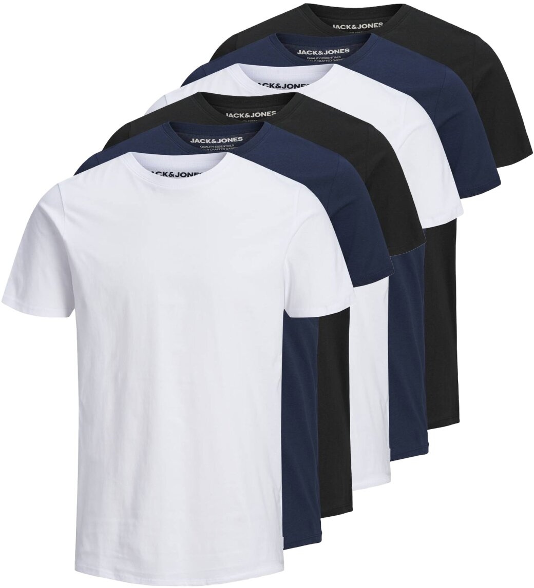 JACK&JONES Herren T-Shirt, 6er Pack - JJEORGANIC BASIC TEE O-NECK, Kurzarm, Bio-Baumwolle Weiß/Marineblau/Schwarz L